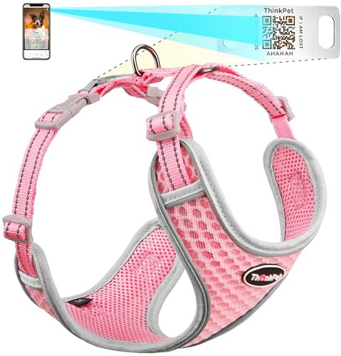 ThinkPet Hundegeschirr, reflektierend, atmungsaktiv, weiches Air-Mesh mit QR-Code, Hundemarke, Erstickungsfrei, für Welpen, kleine, mittelgroße Hunde und Katzen, Größe S, Pink