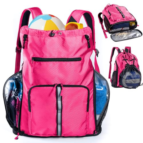 VIGEGARI Großer Strandrucksack, wasserdicht, sanddicht, übergroße Pooltasche mit Kordelzug und Schuhfach für Toilettenartikel, Handtuch, Pink, Drawstring, Rucksack