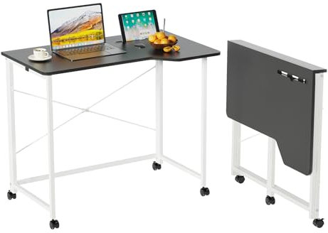 CHOWGOLI Schreibtisch klappbar mit Tablet Steckplatz, Mobiler Computertisch mit 4 Rollen, Faltbar PC Tisch Bürotisch für Home Office 90x56x75cm, Klappschreibtisch Holz Schwarz