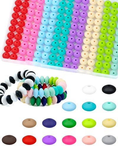 240PCS FIVEIZERO Silicone Beads,16 Colors 12mm Silicone Beads Bulk for Keychain Making Bulk Silicone Abacus Beads for Necklace Bracelet Making and Spacer Silicone Beads for Pens