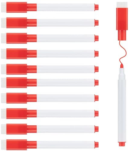 HRLORK 10 Stück Whiteboard Marker, Magnetisch Dry Erase Marker, Rote Whiteboard Stifte,Abwischbar Stift, Whiteboard Marker Mit Schwamm Folienstift Abwischbar Wasserlöslicher Stift