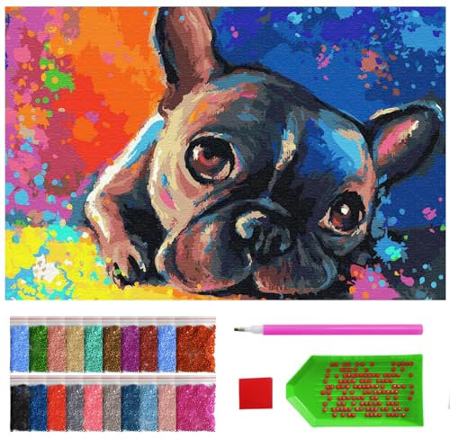 ARTULIO Diamond Painting Set - Urocher Bulldogge mit farbigem Hintergrund - 40x60 cm - Groß XXL - 5D Diamant Painting Bilder DIY, Diamond Painting Erwachsene