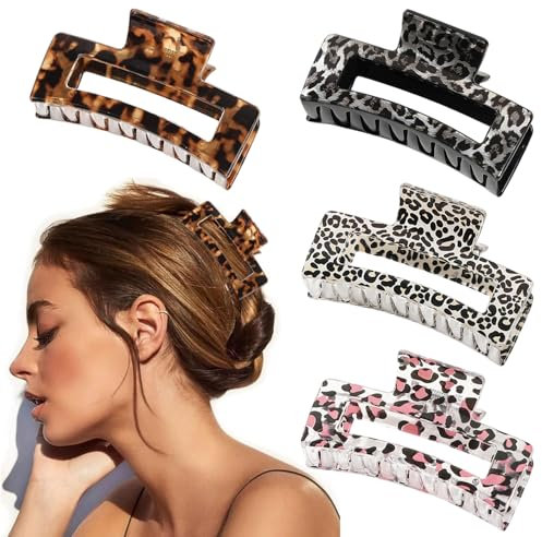 Lot de 4 pinces à cheveux rectangulaires pour femme - 8,5 cm - Antidérapantes - Avec motif léopard - En pin - Accessoires de cheveux pour femme - Cheveux longs et épais