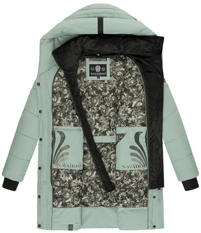 Navahoo Damen Wintermantel Warmer Steppmantel lang mit Kapuze und abnehmbarem Fleece-Kragen Knutschilein Smokey Mint Gr. M