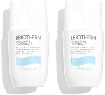 Biotherm Lait Corporel Deo Roll-On, pflegendes Deodorant mit fruchtigem Duft von Orange, Mandarine und Bergamotte, schützender Deoroller für Damen, gegen Schweiß und Achselnässe, 75 ml (Packung mit 2)