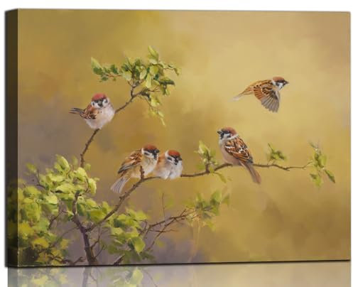 Sense&Sensitivity Arts Vintage-Vogel-Wandkunst, gelber Vogel, Spatzenmalerei, traditionelles chinesisches Gemälde, Leinwanddruck für Wohnzimmer, Küche, Schlafzimmer, Badezimmer, Büro und Flur,