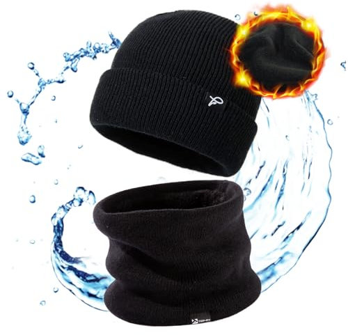 TOP-EX Schwarze wasserdichte Winter Warme Fleece-gefütterte Strickmütze für Herren & Damen mit Wasserabweisendem Halskreisschal, Atmungsaktive Outdoor Lauf- & Skimütze Set L/XL