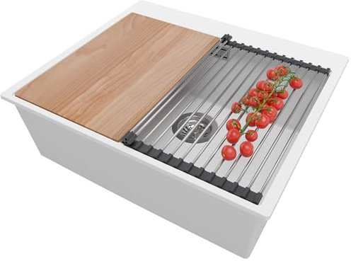 PRIMAGRAN Fregadero Cocina Blanco 58x50cm, Fregadero Granito 1 Seno + Sifón + Accesorios, Fregadero sobre encimera al mueble 60cm - Oslo