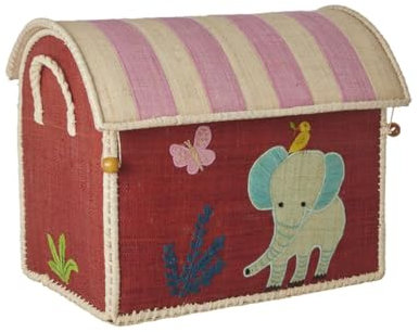 RICE Aufbewahrungskorb mit Elefantenmotiv in Größe S (37x25x31 cm) | Handgefertigter Kinderzimmer-Korb mit Deckel & Griffen | Raffia-Korb zur Spielzeugaufbewahrung