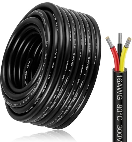 10M/32.8ft 16 Gauge Electrical Wire 3x1.5mm², 3 Core Conductor Extension Cable, 16 AWG Flexible Low Voltage Tinned Copper Wire,Black Reel Cable