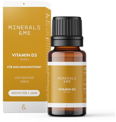 MINERALS & ME® Vitamin D3 Tropfen – Hochdosiert 1.000 I.E. – Für Immunsystem, Knochen & Muskeln – In MCT-Öl aus Kokos – Vegetarisch, Laborgeprüft, 50 ml (1 Jahr Vorrat)