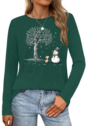 tiorhooe Christmas Long Sleeve Shirt for Women Cute Snowman Shirts Xmas Crewneck Long Sleeve Tops (Green1,M)