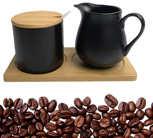 GOMETY Set di latte e zucchero, con coperchio, brocca per latte in ceramica nera e zuccheriera con vassoio di legno, bricco per zucchero e panna per cucina e caffè (nero opaco)