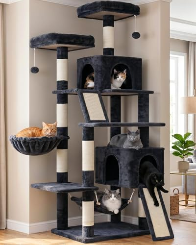 Gitelsnour Arbre à Chat, Tour de Jeux pour Chats de 180cm, Tour à Chat Interieur avec 2 griffoirs, 7 poteaux à griffer, 2 perchoirs, 2 Lits pour Chat en Peluche, hamac, Gris foncé GCT032G