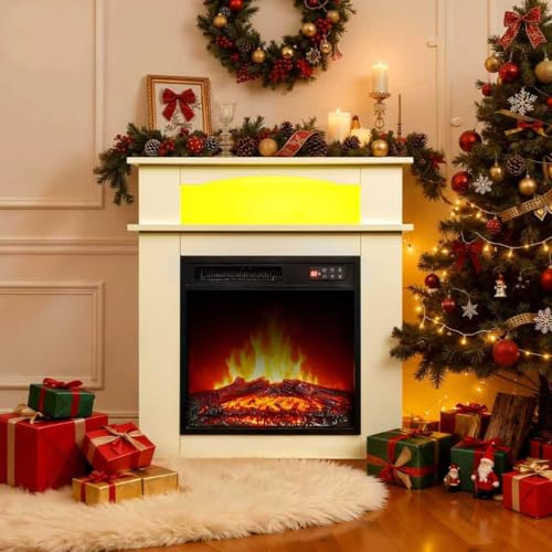 HOMAVO 18 Zoll Elektrokamin, 900W/1800W Elektrokamin mit Heizung, 7 3D-Flammenfarben, LED-Streifen, Fernbedienung, Überhitzungsschutz, Timer, inklusive Schrank