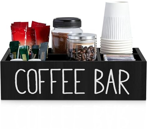 VAVPUP Kaffee Spender Organizer,Veranstalter mit 4 Abnehmbar Fächer,Dekorative Aufbewahrungsbox aus Holz für Kaffeebars, Aufbewahrung von Zubehör für Zuhause Büro und Restaurant(schwarz,1pcs)