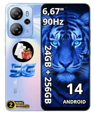 OSCAL Tiger 13 5G Smartphone, 24 GB+256 GB (erweiterbar bis 2TB TF), 6.67″ HD+ IPS Display 90 Hz, 50 MP AI Kamera, 5000 mAh Akku + 18 W Schnellladen, Dual SIM, 2 Jahre Garantie, Violett‑Blau