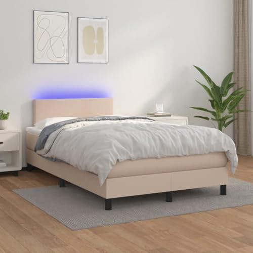 Bucmath Boxspringbett 120x200cm mit Matratze, LED-Beleuchtung, Kunstleder Cappuccino-Braun, Kopfteil verstellbar, für Schlafzimmer