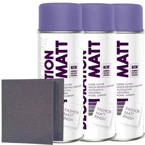 Craft-Equip DC 3er Sparpack Lackspray nach RAL in 400ml zur Lackierung von Auto Stahl Aluminium Beton Holz und 2 Stück Schleifpads (3 Dosen in violett MATT RAL 4005 + 2 Stück Schleifschwamm)