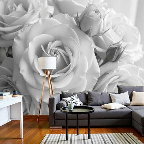 MIATCENRT 3D Papier Peint Motif Bouquet De Roses Fleurs Élégantes Papier Peint Panoramique Gris Blanc - Pour Salon Chambre Chambre D'Enfant Décoration Murale Poster Murales 250x175cm