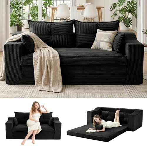 APICIZON Sofá Cama, sofá 2-en-1 sin Estructura, sofá de Suelo con Cojines, sofá de 3 plazas Convertible con función Cama, colchón Plegable (Pana - Negro, Ancho 177 cm)