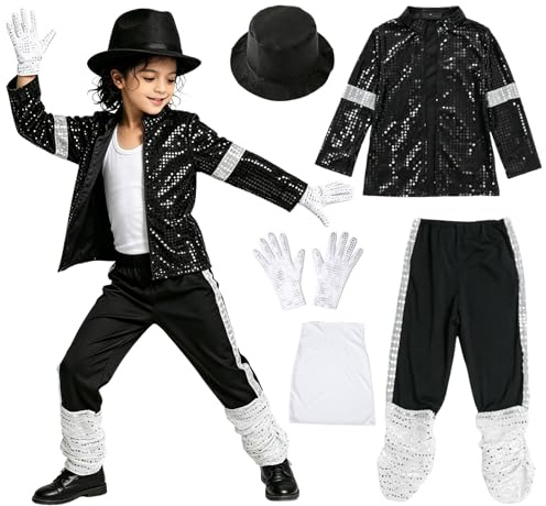 HUALONG Kinder Retro Pop Star Kostüm Set Pailletten Jacke Gestreifte Hose Mit Hut Sonnenbrille Handschuhe & T-Shirt 90er Jahre Outfit für Halloween Karneval Bühnenauftritt & Mottoparty