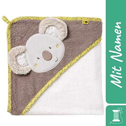FEHN Koala Kapuzenbadetuch mit Namen bestickt, Australia, Kapuzenhandtuch für Baby & Kinder, Badetuch Badehandtuch Bade-Poncho Kinder-Badetuch mit Kapuze, 80x80 cm (Koala)