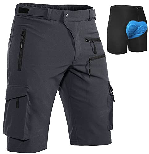 Hiauspor MTB-Hose-Herren-Kurz-Radhose-Fahrradhose-Herren Schnelltrocknend Mountainbike Hose Atmungsaktiv Radlerhose Wanderhose Cargo Trekking Bermuda für Outdoor (Dunkel Grau mit Unterwäsche, L)