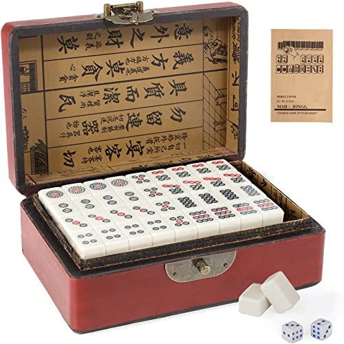 Dyna-Living Mini jeu de mahjong chinois,Structure solide,Facile à lire,144 pièces,Carrelage de Mahjong,2 dés et étui de transport en cuir,Ensemble complet de jeu Majong pour jeu de table de réunion