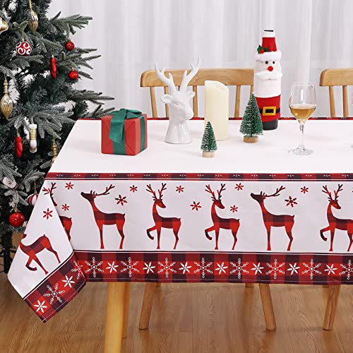 CAROMIO Tischdecke Weihnachten Abwaschbar Tischdekoration für Xmas Wasserabweisend Tischtuch mit Hirsch in Karo Muster Knitterfrei Tischdecke für Esszimmer Schmutzabweisend Tischtuch,Creme,137x200cm