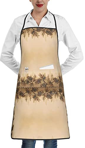 PartyUnix Schürze mit Tannenzapfen, schwarzer Rand, mit Taschen, weiche Haptik, geeignet für Küchen, Restaurants usw. Erweiterte Größe: 71 x 50 cm, Weiß, Einheitsgröße, Weiß, Einheitsgröße