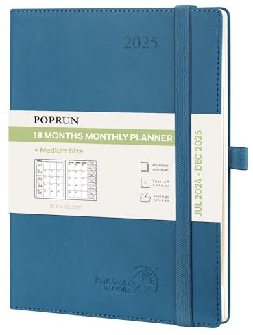POPRUN Kalender 2025 Monatsplaner A5 (Jul.2024 - Dez.2025) - 18 Monate Monatskalender Softcover 22 x 16,5 cm - 1 Monat 4 Seiten, mit PU-Leder, 100 GSM Papier - Marineblau