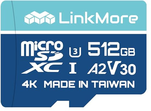 LinkMore Scheda Micro SDXC da 512 GB, A2, UHS-I, U3, V30, compatibile con classe 10, velocità di lettura fino a 160 MB/s, velocità di scrittura fino a 120 MB/s, adattatore SD incluso