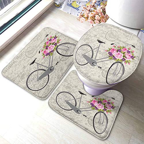 Set 3 Teilig Badvorleger Vintage Postkarte Graues Fahrrad Mit Einem Korb Voller Blumen Badgarnitur Badematten Dekorative Langlebige Fußmatte, Für Wohnzimmer, Wc-Sitz Bezug