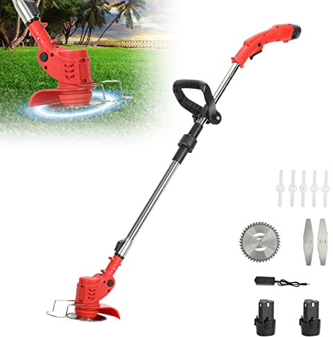 Cordless Strimmer Adjustable Garden Strimmer 2 * 2000 mAh Battery Strimmer Brush Cutter With Blades Electric Strimmer Grass Trimmers for Garden Clearing Weeds Flower Trees, Battery & Charger (Red)
