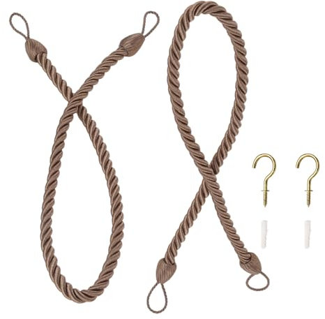 Hicello 2 Pieces 26 Curtain Rope Tie Back | Twisted Cord Curtain Holdback | Simple Window Drape Tie Back - Brown