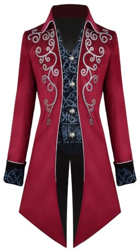 YORDET Steampunk Herren Frack Gothic Retro Mantel Mittelalter Renaissance Jacke Viktorianisches Gehrock Cosplay Halloween Kostüm (Rot, M)