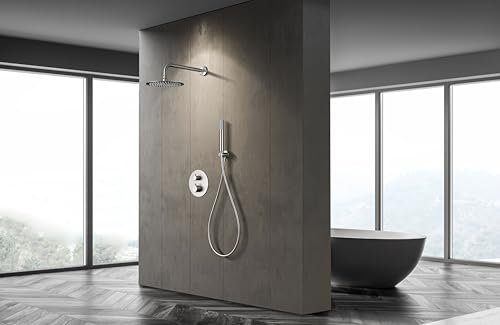 Mice - Conjunto de ducha, Kit termostatico Ducha Empotrado pared - 2 vías - griferia baño termostatico - Serie Brezzo (Niquel Cepillado)