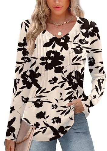 EFFAN Womens Tops V Neck Long Sleeve Blouse Pleated Tunic Floral Shirts