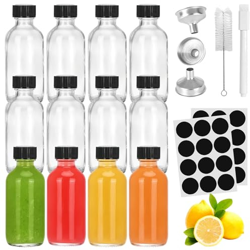 Tmefoy 12 Stück Shot Flaschen zum Befüllen, 60ml Kleine Glasflaschen zum Befüllen,Kleine Schnapsflaschen, Reinigungsbürste, Stift, Trichter & Etiketten für ätherische Öle, Ingwer Shot