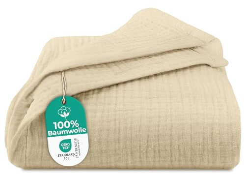Dreamzie Musselin Tagesdecke 127x177 cm – Baumwolldecke Oeko-Tex Zertifiziert – Atmungsaktive Kuscheldecke – leichte Kuscheldecke Baumwolle als Sofa-, Bett- & Couchüberwurf – Beige