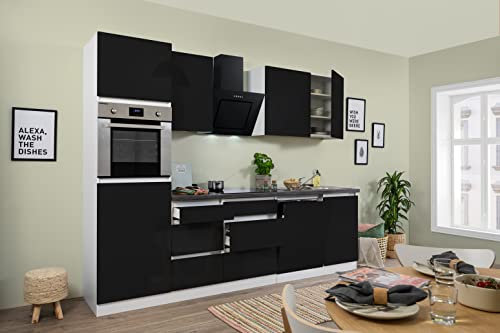 respekta Küche Küchenzeile Küchenblock grifflos Weiß Schwarz Lorena 280 cm