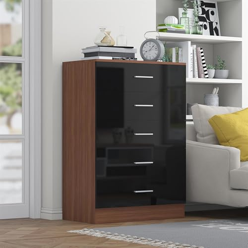 Reflect Tallboy 5 Drawer Chest | Black Gloss & Walnut | Modern Vertical Bedroom Storage Unit | H: 100cm x W: 70cm x D: 40cm