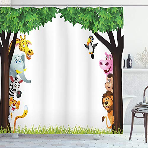 ABAKUHAUS Kindergarten Duschvorhang, Bäume Freundlich Jungle, Stoffliches Gewebe Badezimmerdekorationsset mit Haken, 175 x 200 cm, Grün Mehrfarbig