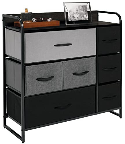 mDesign Kommode mit 7 Schubladen – breiter Schubladenschrank für Schlafzimmer, Wohnzimmer oder Flur – Kleiderkommode aus Metall, MDF und Stoff – Mehrfarbig/grau/schwarz