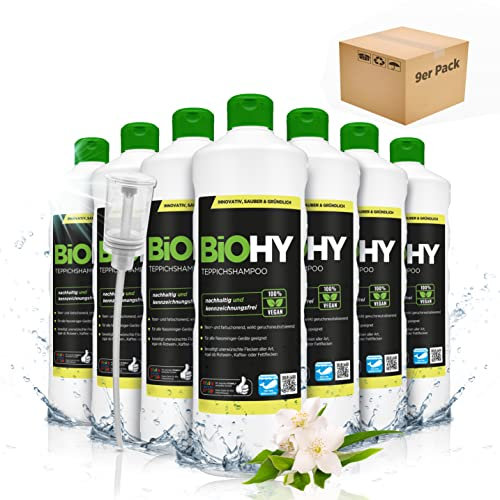 BiOHY Teppichshampoo (9 x 1 Liter) + Dosierer | Teppichreiniger Konzentrat | ideal gegen hartnäckige Flecken | materialschonend & tierfreundlich | effektives Bio Mittel | kraftvoller Teppich Schaum