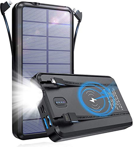 Power Bank Wireless 26800mAh Portable Charger Solar Battery Pack with Built in Cables 2 Outputs & LED Flashlight for iPhone and Samsung Smartphone