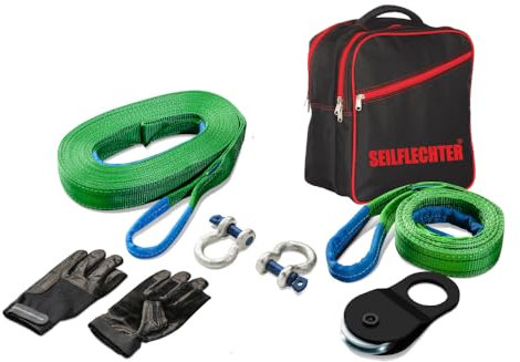 Seilflechter - Offroad Bergeset, Fahrzeuge bis 4,5t, inkl.: Winde, Abschleppseil 8m, Umlenkrolle, Baumankergurt, Metallschäkel und Rucksack