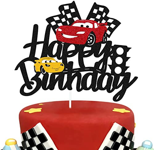 Car Cake Topper Race Car Cake Decorations for Racing Car Checkered Flag Themed Kids Boy Girl Happy Birthday Party Supplies Double Sided