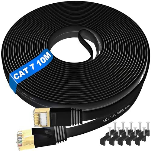 ikbc Cable Ethernet 10 Metros, Cat 7 Cable de Red 10Gbps 600MHz Cable RJ45 10m STP Blindado Gigabit Cable Internet Alta Velocidad Cable LAN 10m Interior Cable Cat 7 Plano para PS4/5 (10 Clips)